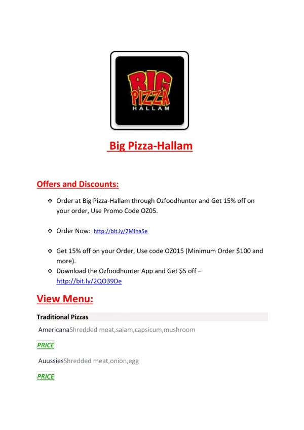 25% Off -Big Pizza-Hallam-Hallam - Order Food Online