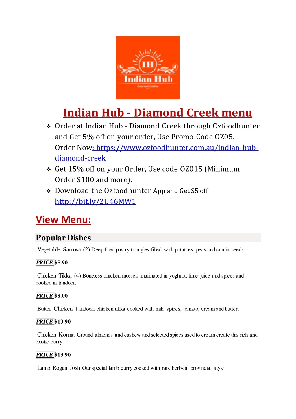 indian hub diamond creek menu order at indian