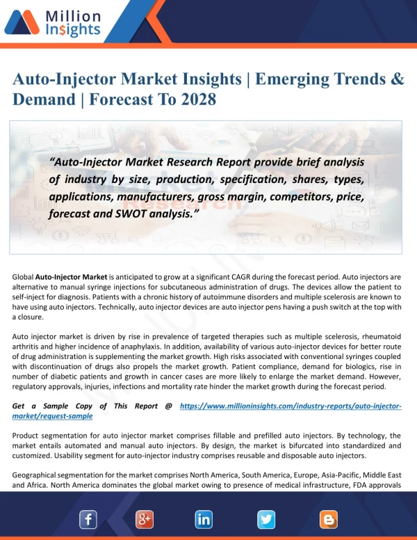 Auto-Injector Market Future Insights | Demand, Size & Applications | Forecast To 2028