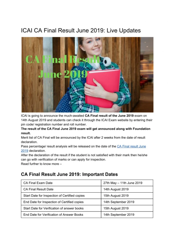 ICAI CA Final Result June 2019: Live Updates