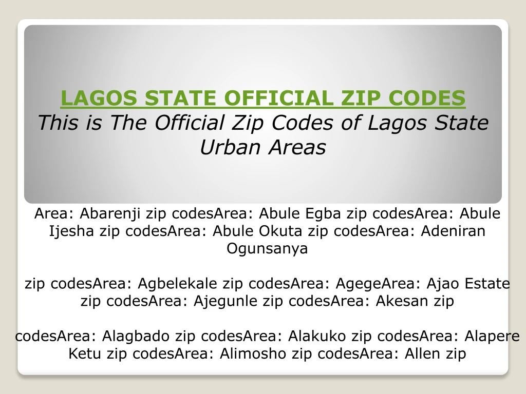 lagos state official zip codes this