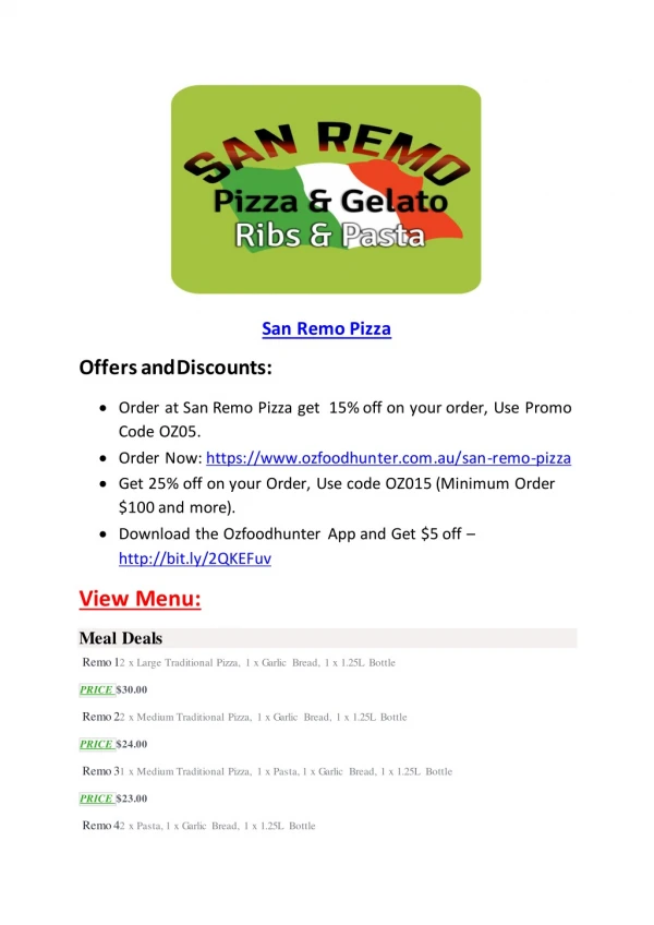 25% Off -San Remo Pizza-Enmore - Order Food Online