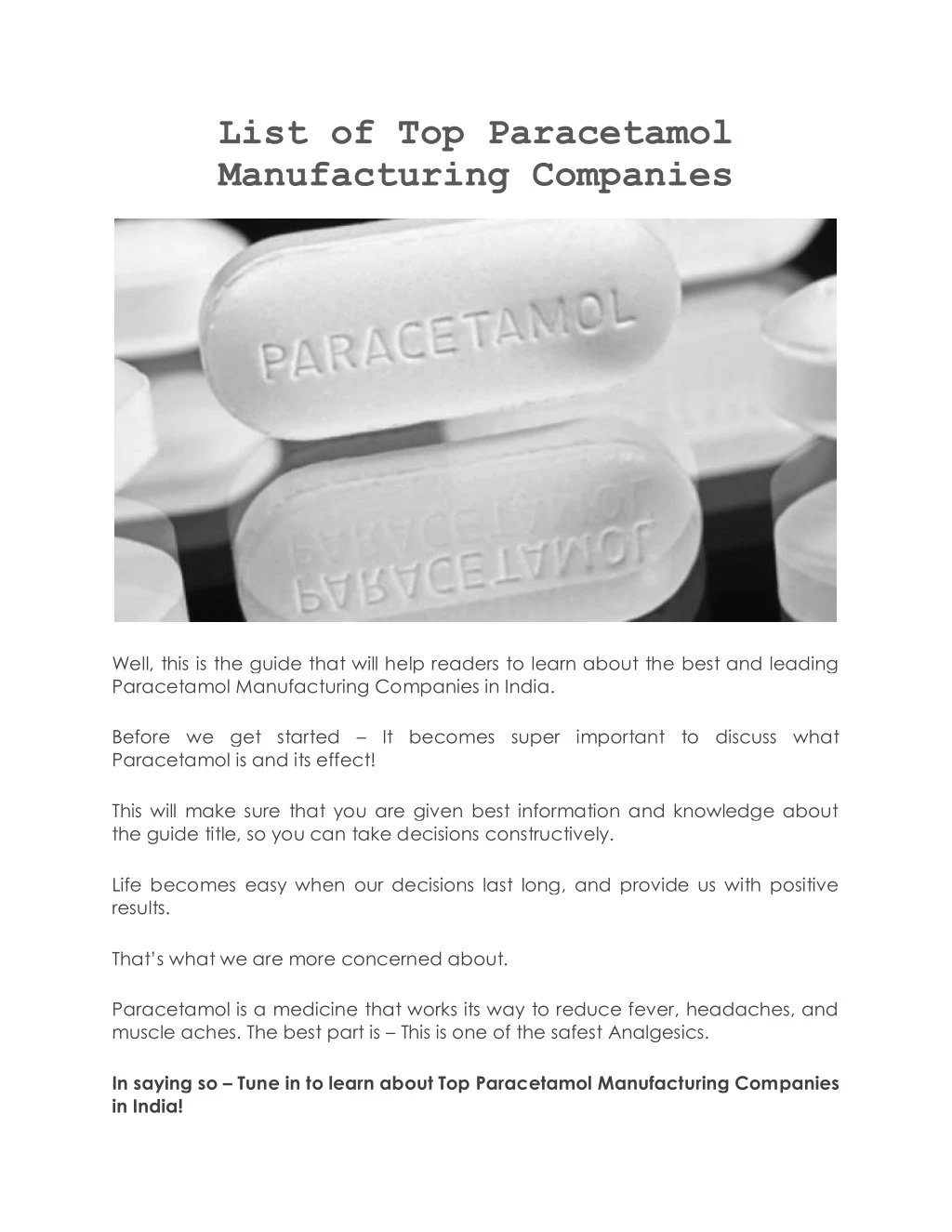 list of top paracetamol manufacturing companies