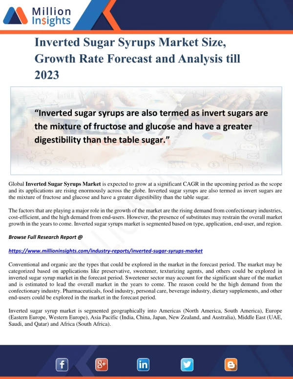 Inverted Sugar Syrups Market Size, Growth Rate Forecast and Analysis till 2023