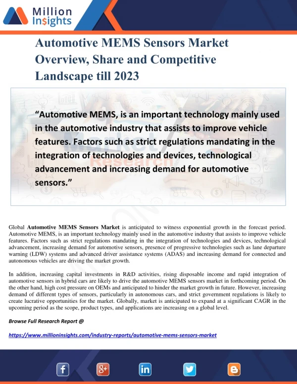 Automotive MEMS Sensors Market Overview, Share and Competitive Landscape till 2023