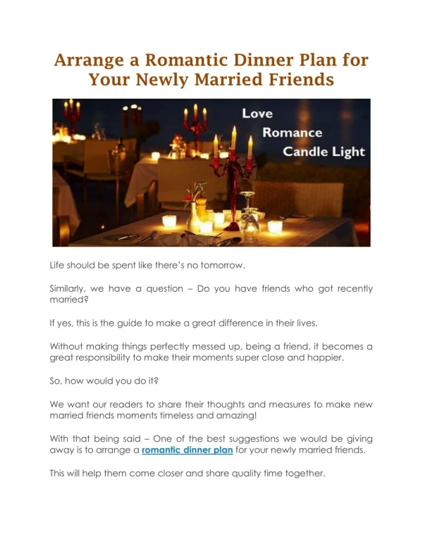 Arrange a Romantic Dinner Plan for Your Newly Married Friends