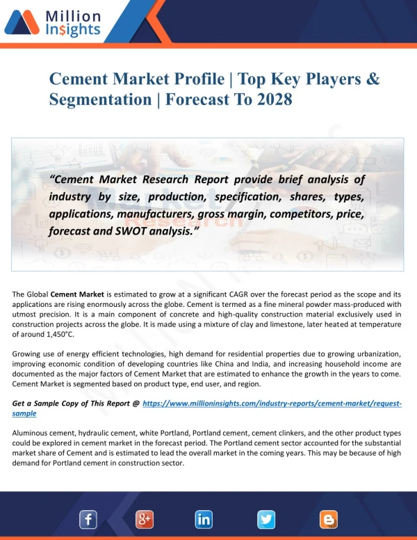 Cement Market Future | Significant Trends & Status | Forecast To 2028