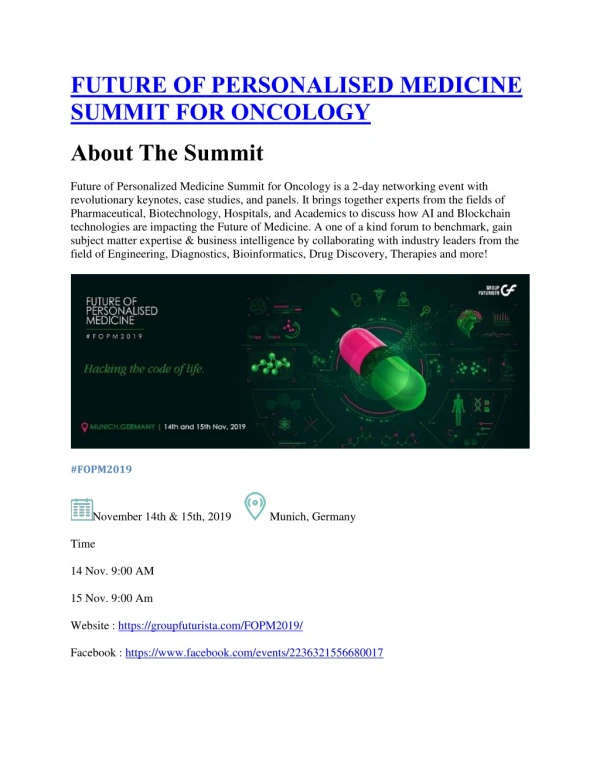 Future Of Personalised Medicine Summit For Oncology