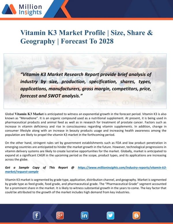 Vitamin K3 Market Share By Top Trends & Key Futuristic | Forecast To 2028