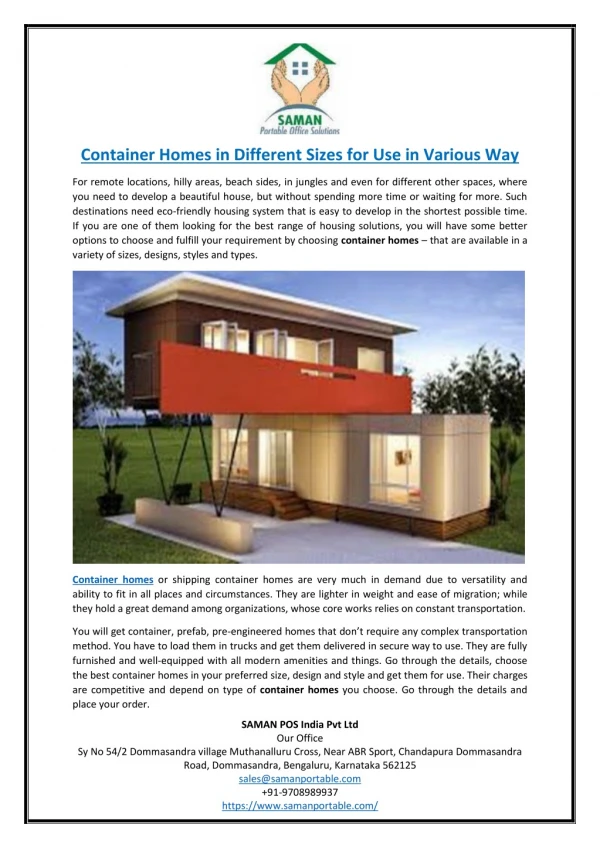 Container Homes in Different Sizes for Use in Various Way