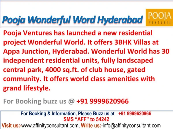 Pooja Wonderful World @09999620966 Villa Kismatpur Hyderabad