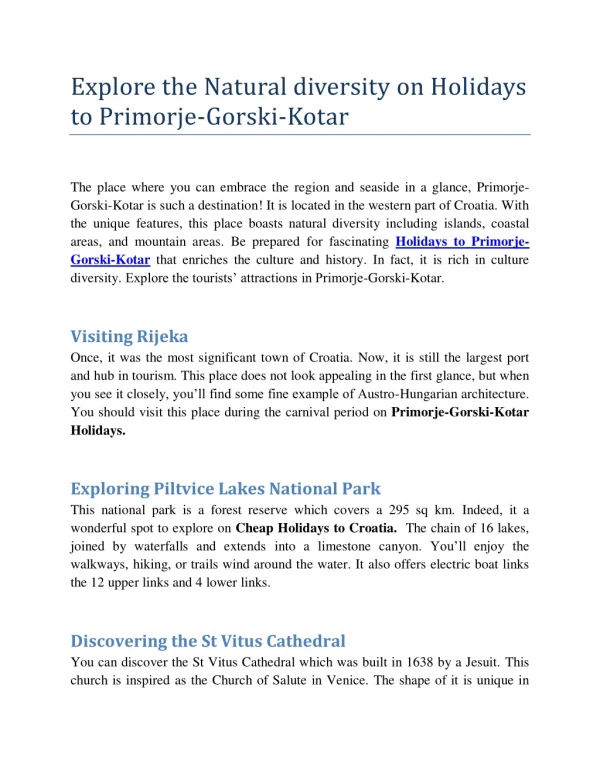 Explore the Natural diversity on Holidays to Primorje-Gorski-Kotar