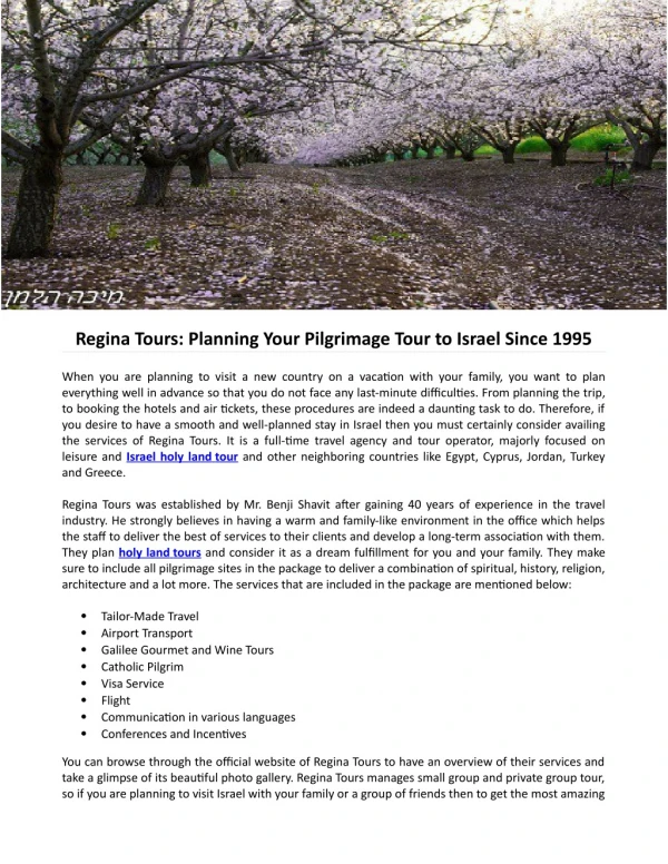 Regina Tours: Planning Your Pilgrimage Tour to Israel Since 1995