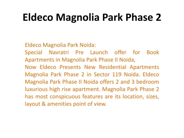 Eldeco Magnolia Park Rate !9873111181! Eldeco Magnolia Park