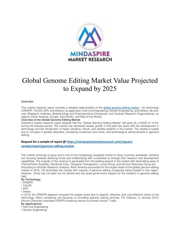 Global Genome Editing Market Value Projected to Expand by 2025