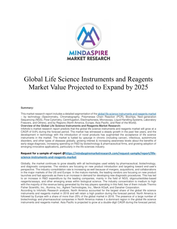 Global Life Science Instruments and Reagents Market Value Projected to Expand by 2025