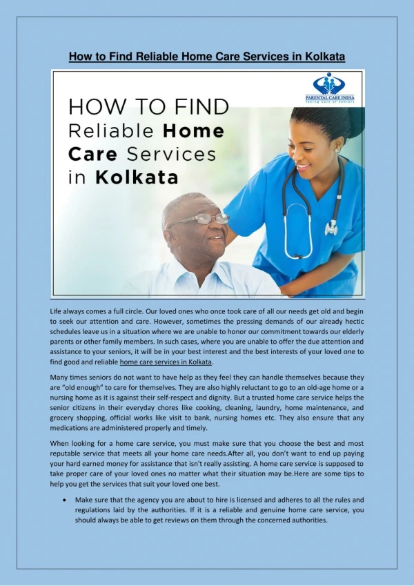 How to Find Reliable Home Care Services in Kolkata