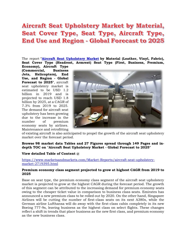 Aircraft Seat Upholstery Market by Material, Seat Cover Type, Seat Type, Aircraft Type, End Use and Region - Global Fore