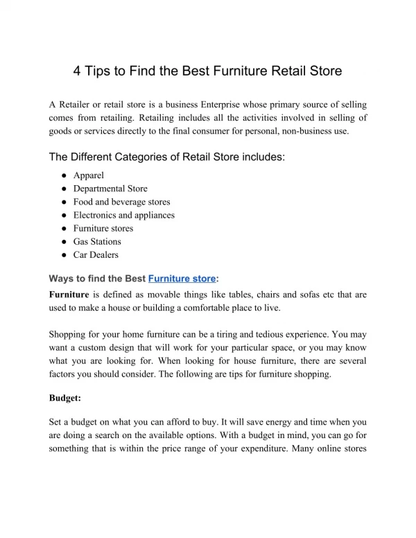 4 Tips to Find the Best Furniture Retail Store