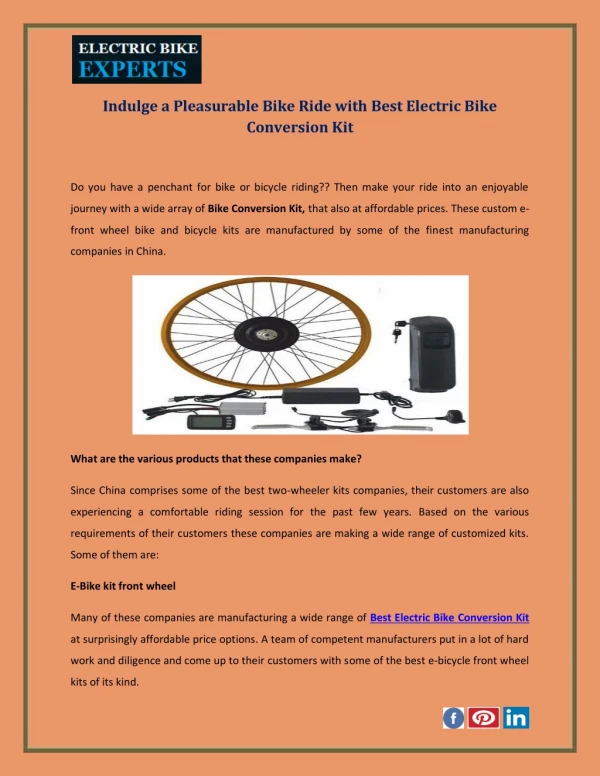 Indulge a Pleasurable Bike Ride with Best Electric Bike Conversion Kit
