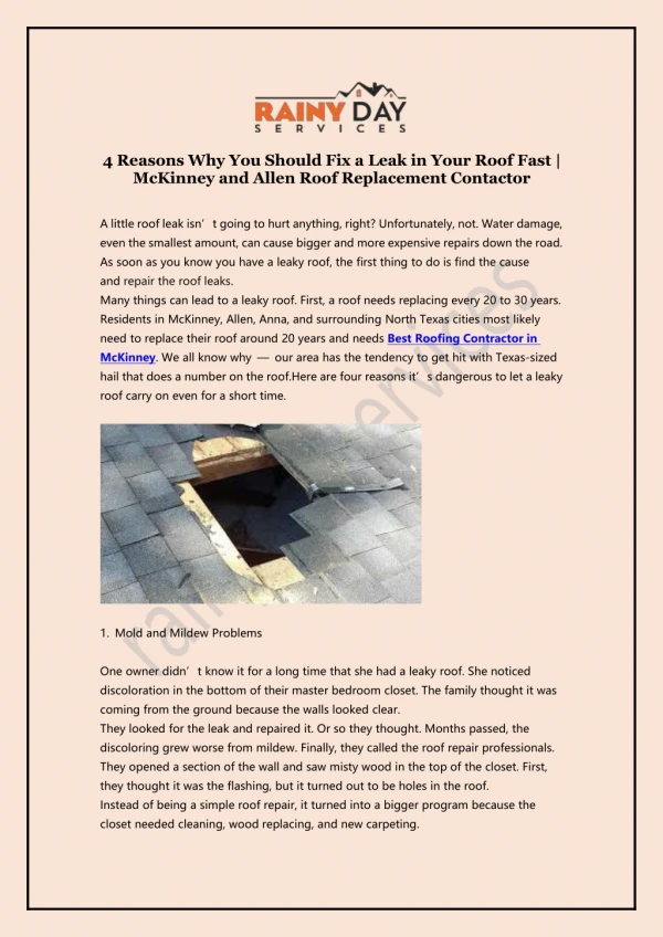 4 Reasons Why You Should Fix a Leak in Your Roof Fast | McKinney and Allen Roof Replacement Contactor