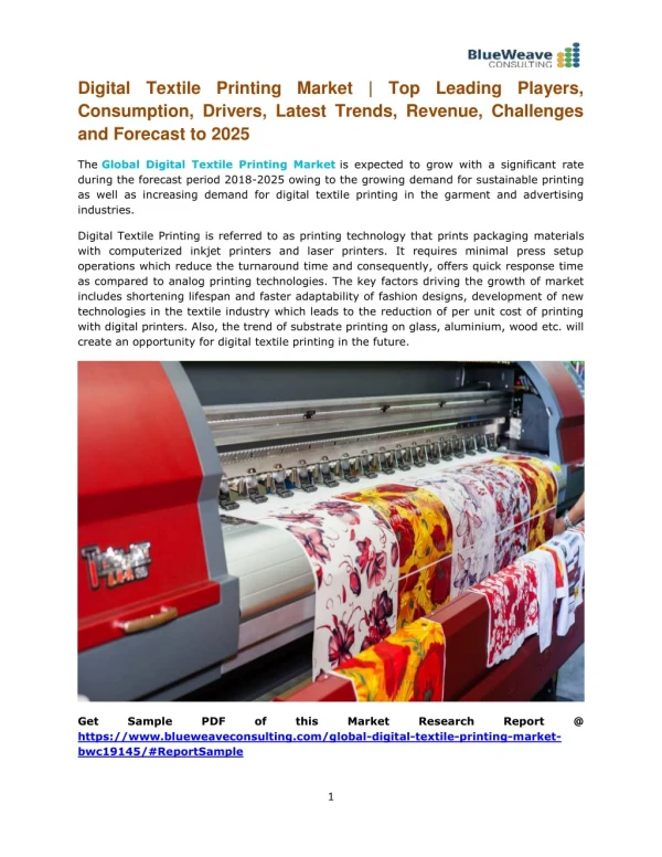 Digital Textile Printing Market 2019 | Industry Analysis by Top Companies, Regions, Types, Applications and Forecast to
