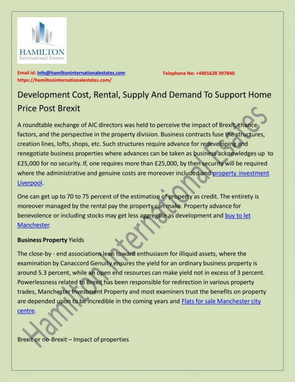 Development Cost, Rental, Supply And Demand To Support Home Price Post Brexit