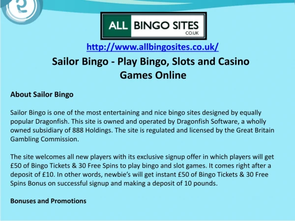 Sailor Bingo - Play Bingo, Slots and Casino Games Online