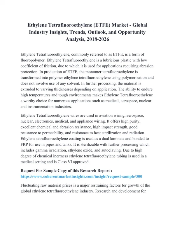 Ethylene Tetrafluoroethylene (ETFE) Market - Global Industry Insights, Trends, Outlook, and Opportunity Analysis, 2018-2