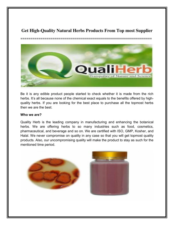 Get High-Quality Natural Herbs Products From Top most Supplier