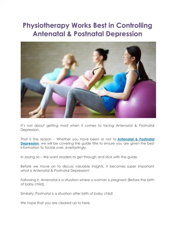 Physiotherapy Works Best in Controlling Antenatal & Postnatal Depression