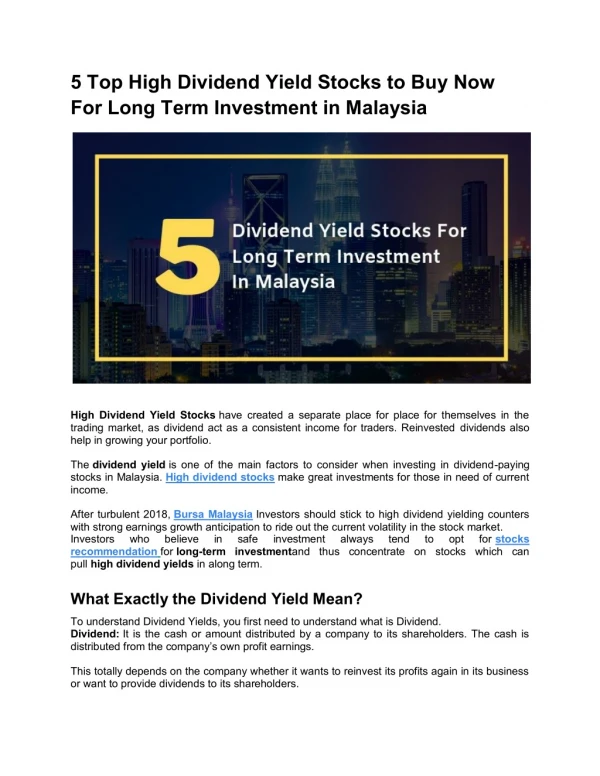 5 Top High Dividend Yield Stocks To Buy Now For Long Term Investment In Malaysia