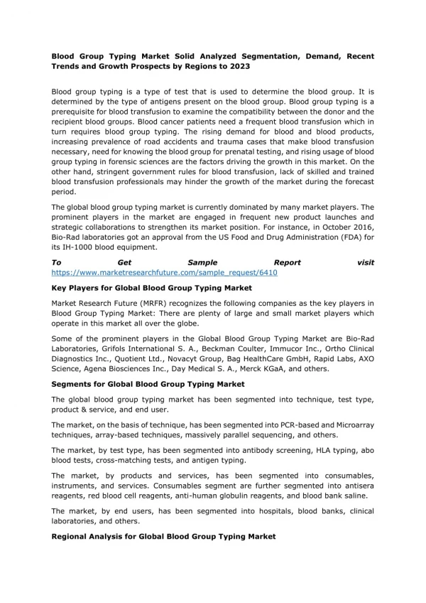 Blood Group Typing Market 2019 Size Analysis