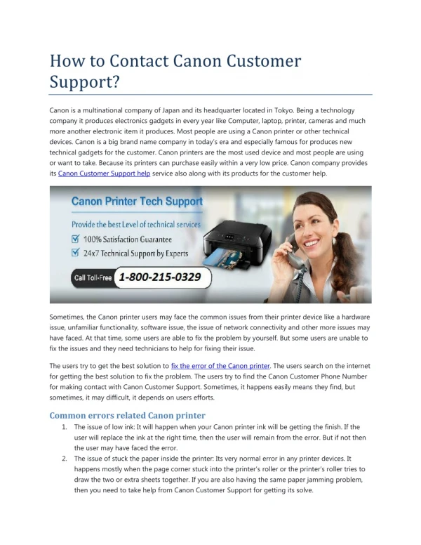 Canon Customer Service Phone Number 1-800-215-0329