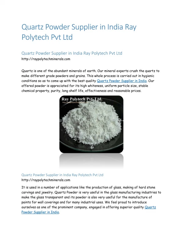 Quartz Powder Supplier in India Ray Polytech Pvt Ltd