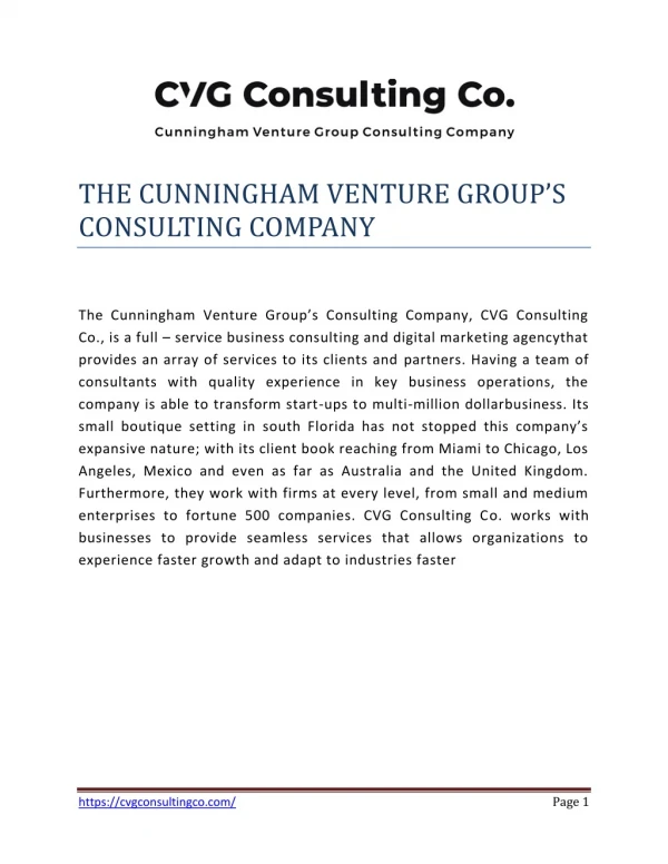 THE CUNNINGHAM VENTURE GROUP’S CONSULTING COMPANY