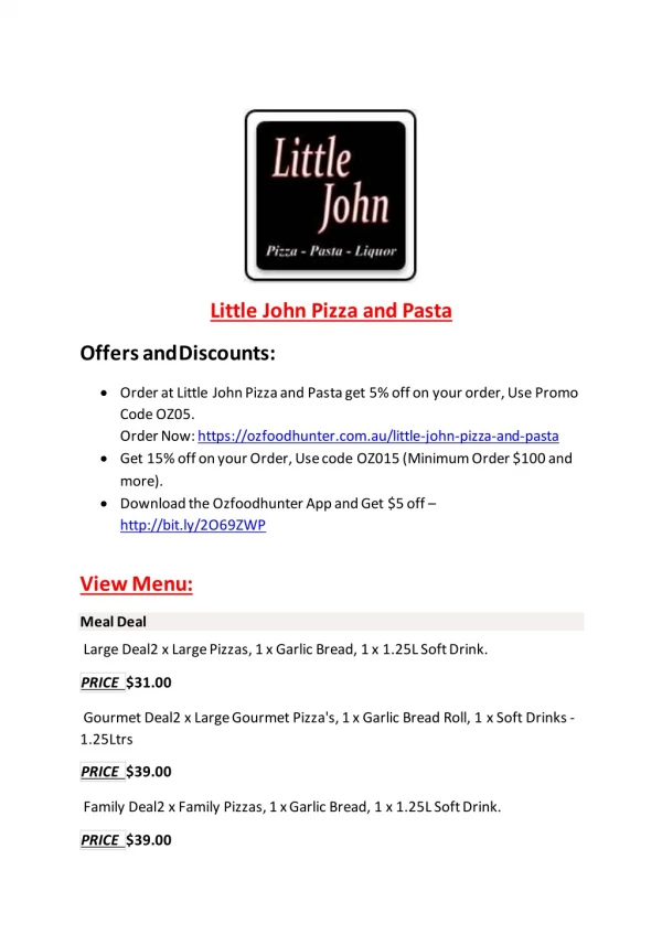 15% Off - Little John Pizza and Pasta-Warranwood - Order Food Online