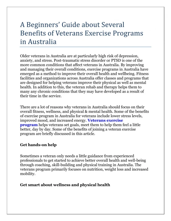 A Beginners’ Guide about Several Benefits of Veterans Exercise Programs in Australia