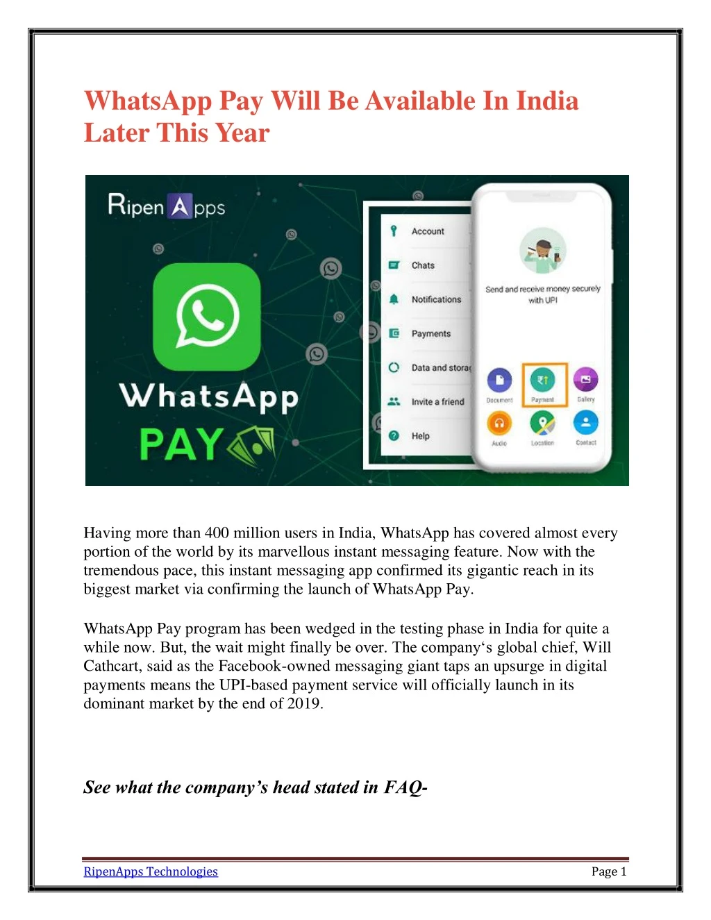 whatsapp pay will be available in india later