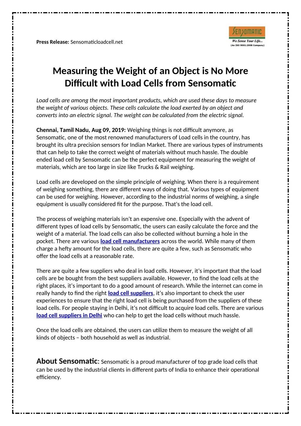 press release sensomaticloadcell net