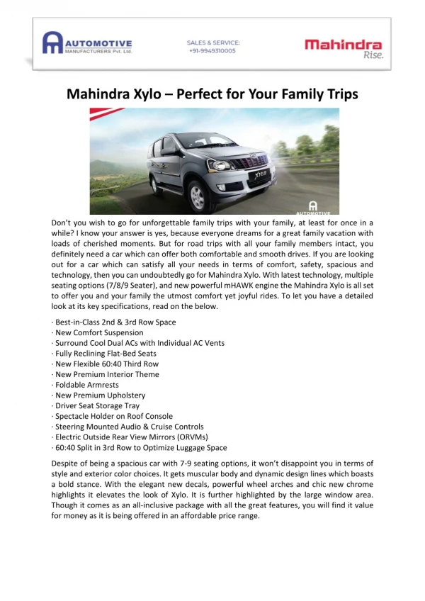 Mahindra Xylo – Perfect for Your Family Trips