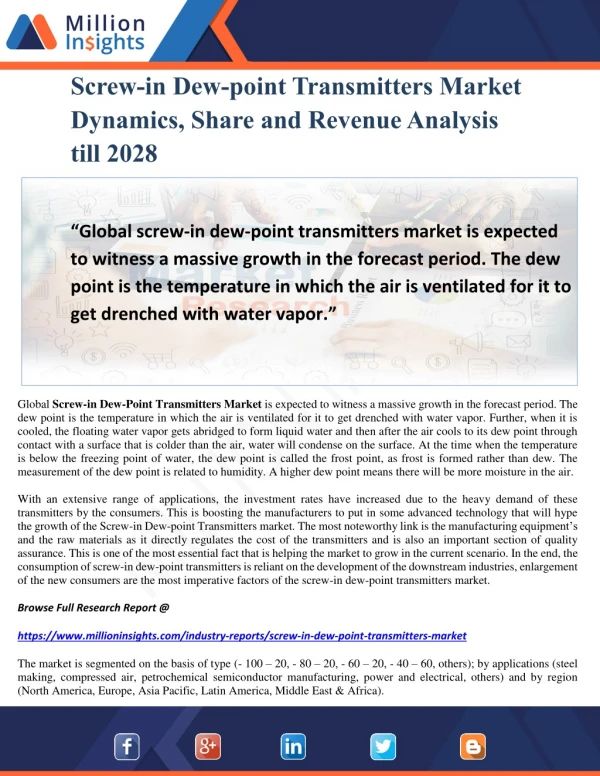 Screw-in Dew-point Transmitters Market Dynamics, Share and Revenue Analysis till 2028