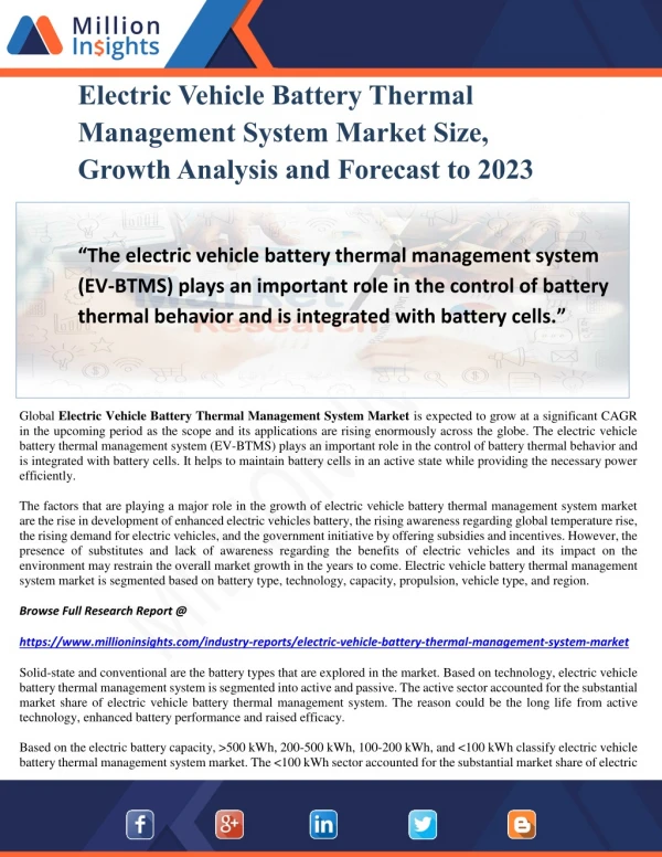 Electric Vehicle Battery Thermal Management System Market Size, Growth Analysis and Forecast to 2023