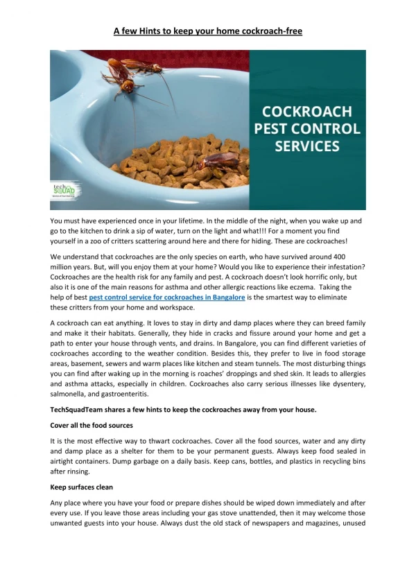 A few Hints to keep your home cockroach-free