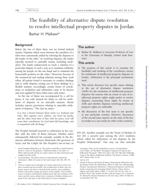 Bashar H. Malkawi, The feasibility of alternative dispute resolution to resolve intellectual property disputes in Jordan