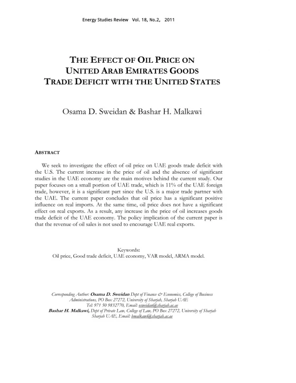 Osama D. Sweidan & Bashar H. Malkawi, THE EFFECT OF OIL PRICE ON UNITED ARAB EMIRATES GOODS TRADE DEFICIT WITH THE UNITE