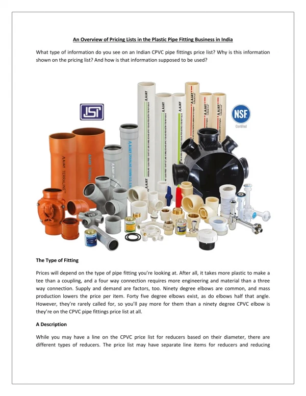An Overview of Pricing Lists in the Plastic Pipe Fitting Business in India