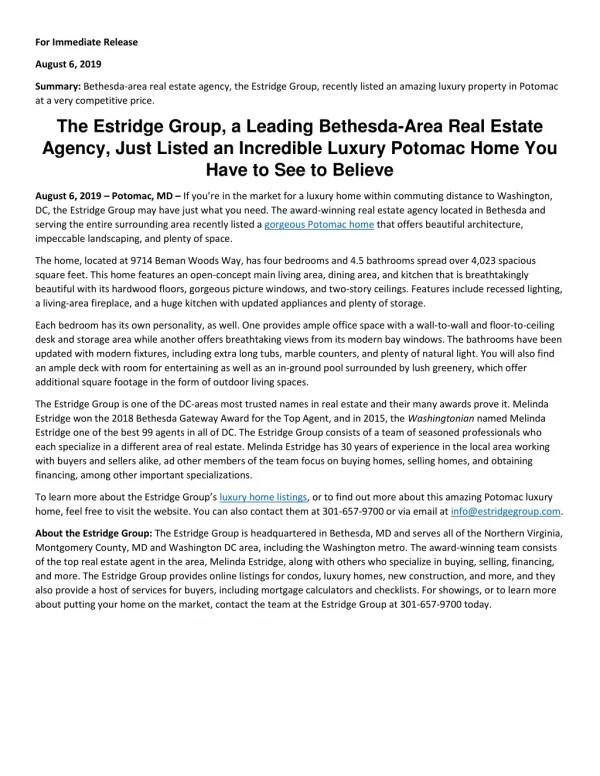 The Estridge Group, a Leading Bethesda-Area Real Estate Agency