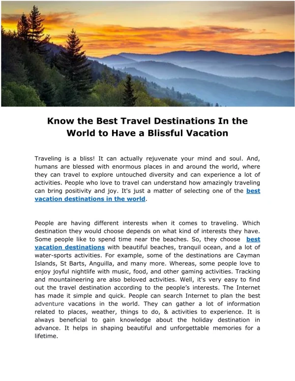Know the Best Travel Destinations In the World to Have a Blissful Vacation