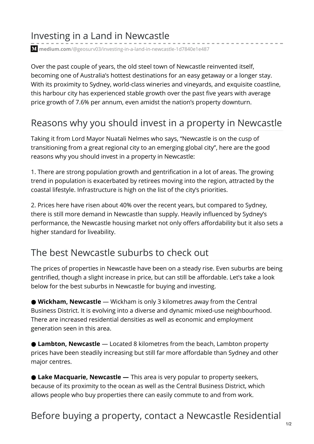 investing in a land in newcastle